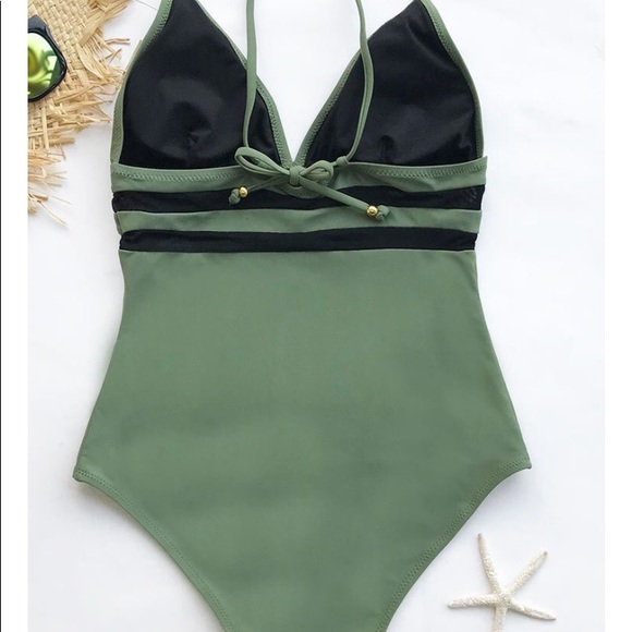 Army Green Mesh One-Piece Swimsuit - Picture 4 of 5